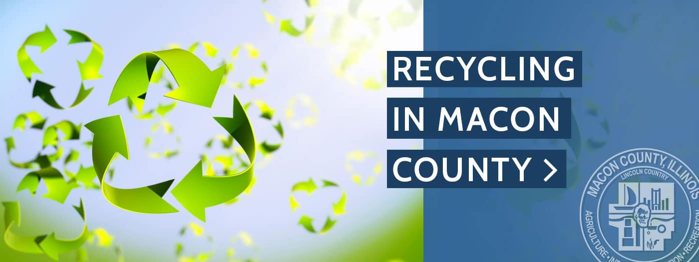 recycling icons floating in the air with Macon County logo and text Recycing in Macon County