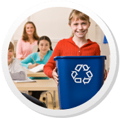 young girl holding recycling bin